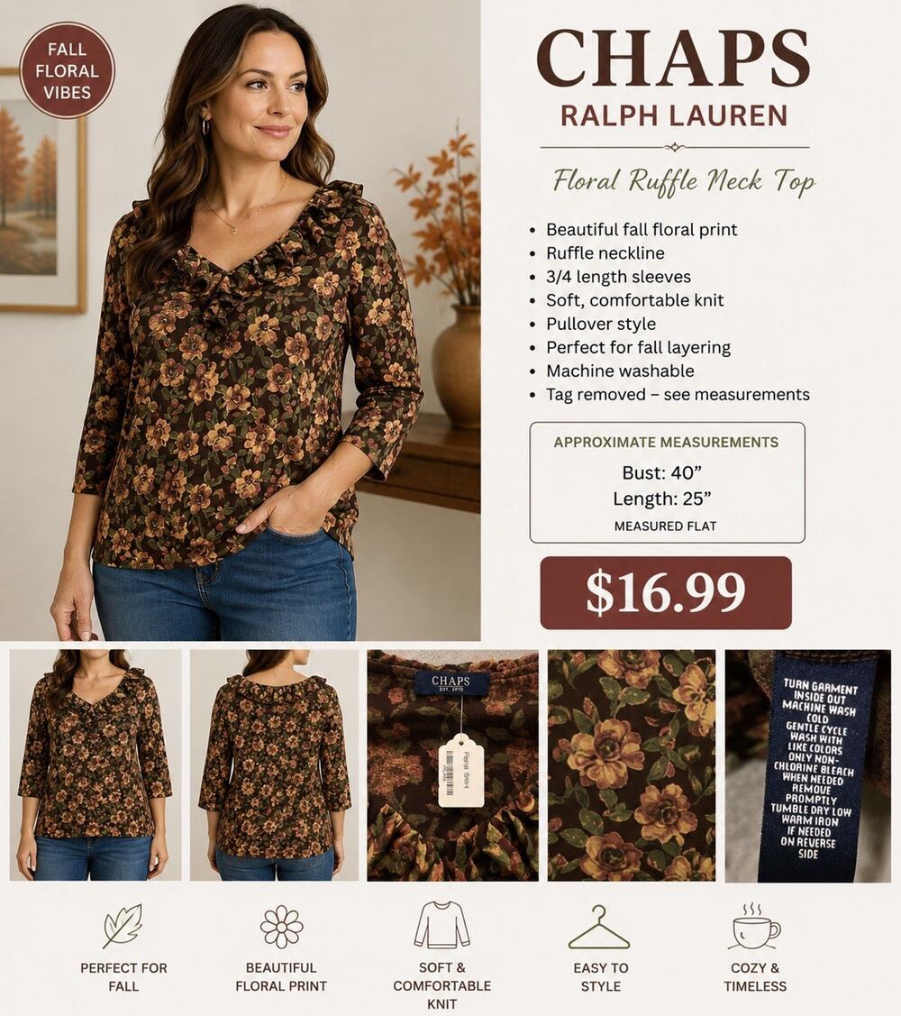CHAPS Ralph Lauren Brown Rose Fall Floral Print Ruffle Neck Knit Woman’s Top M